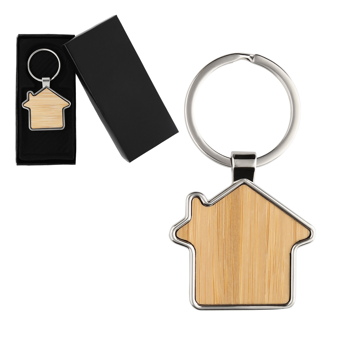 Llavero metálico con frente de madera en forma de casa y arillo reforzado. MADERA