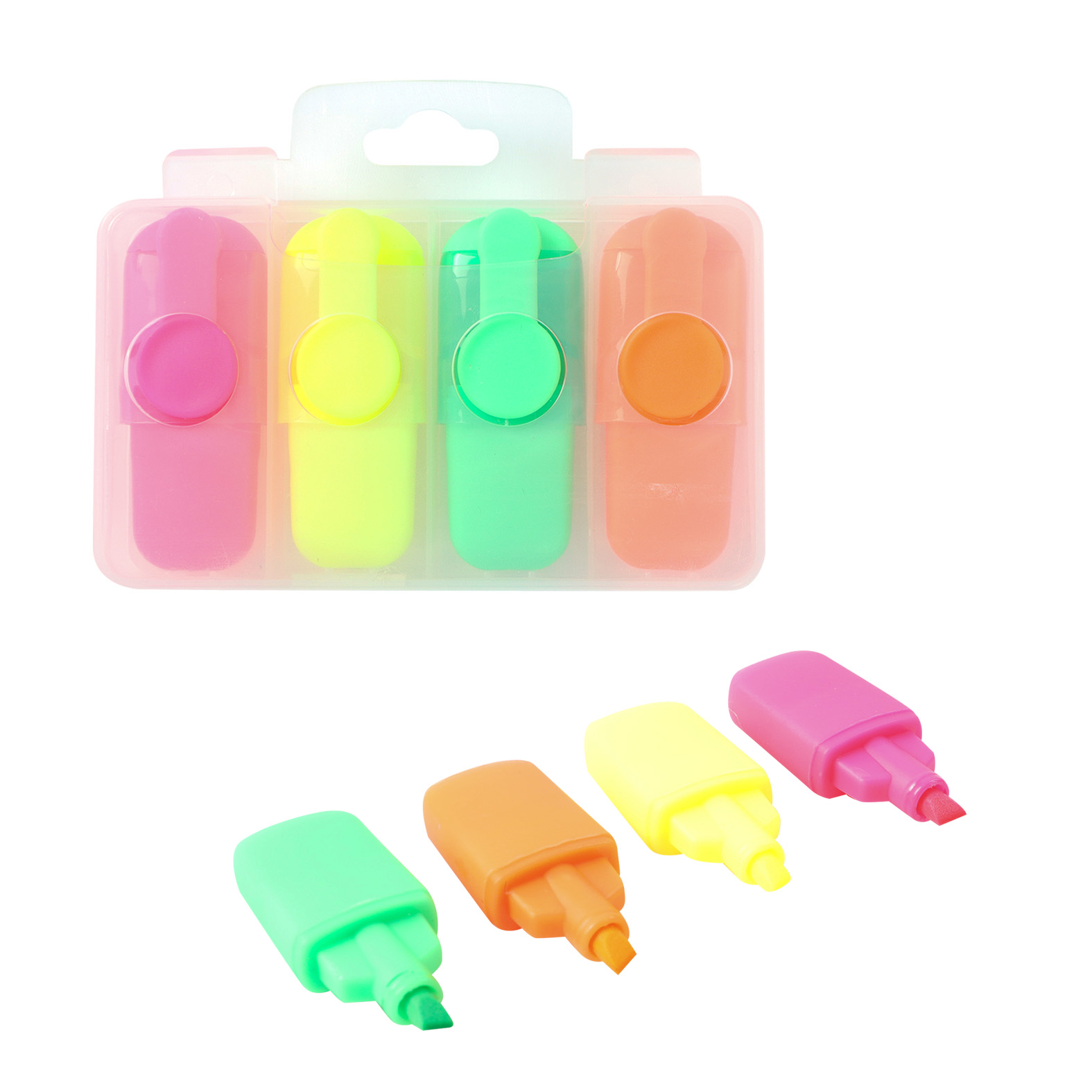 Mini set con estuche plástico de broche con 4 marca textos de diferentes colores. UNICO