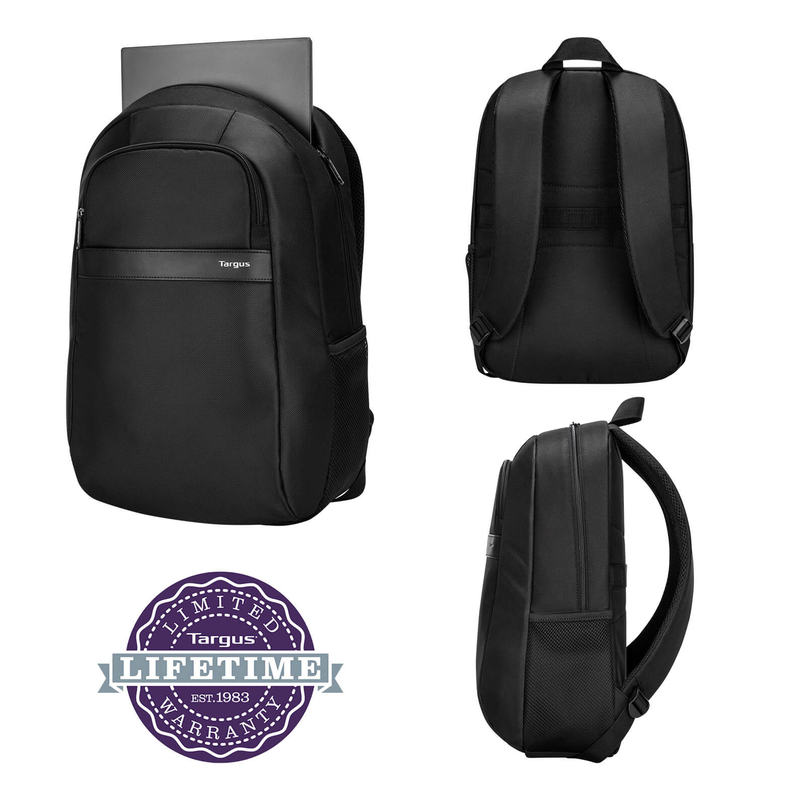 Mochila con tejido resistente al agua, compartimento acolchado para laptop de 15.6", correas de hombro ajustables, bolsillo frontal de acceso rápido, asa de transporte superior y bolsillo lateral de malla. NEGRO