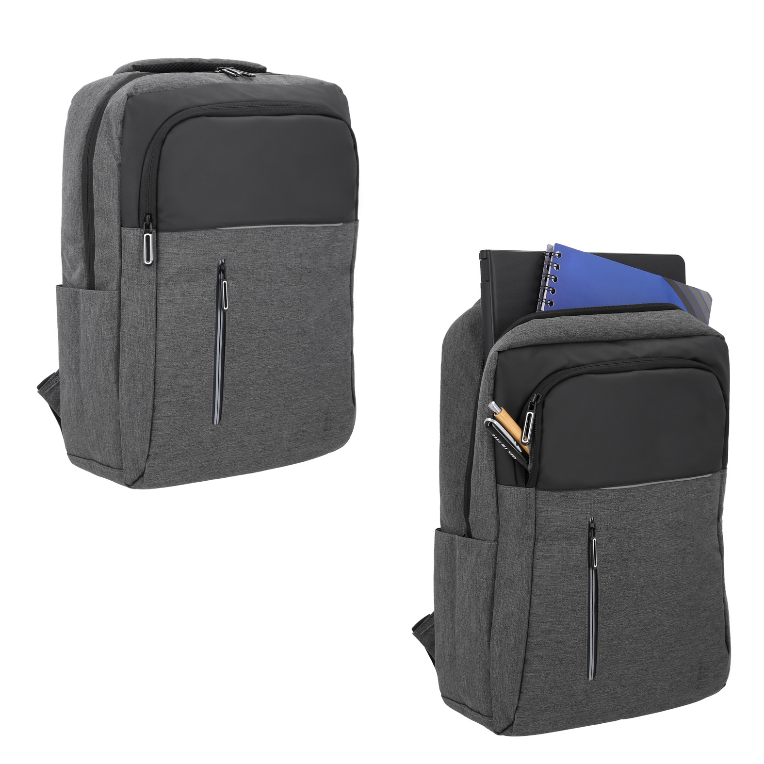 Mochila con compartimento principal con porta laptop de 15", 2 compartimentos frontales, 1 compartimento lateral, carry on, asa y respaldo solido. OXFORD