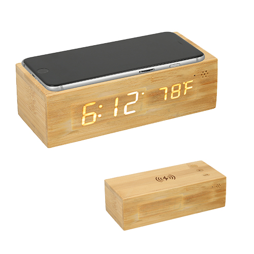 Reloj digital de bambú con Wireless y medidor de temperatura ambiental. Incluye cargador. BAMBU
