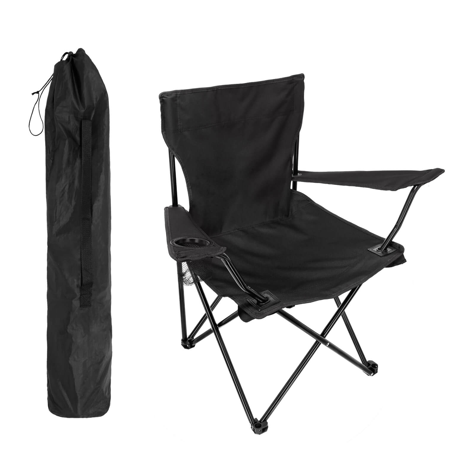 Silla portátil plegable de metal con asiento, respaldo y brazos de poliéster con porta vasos de red. Incluye funda con asa y correa ajustable. NEGRO