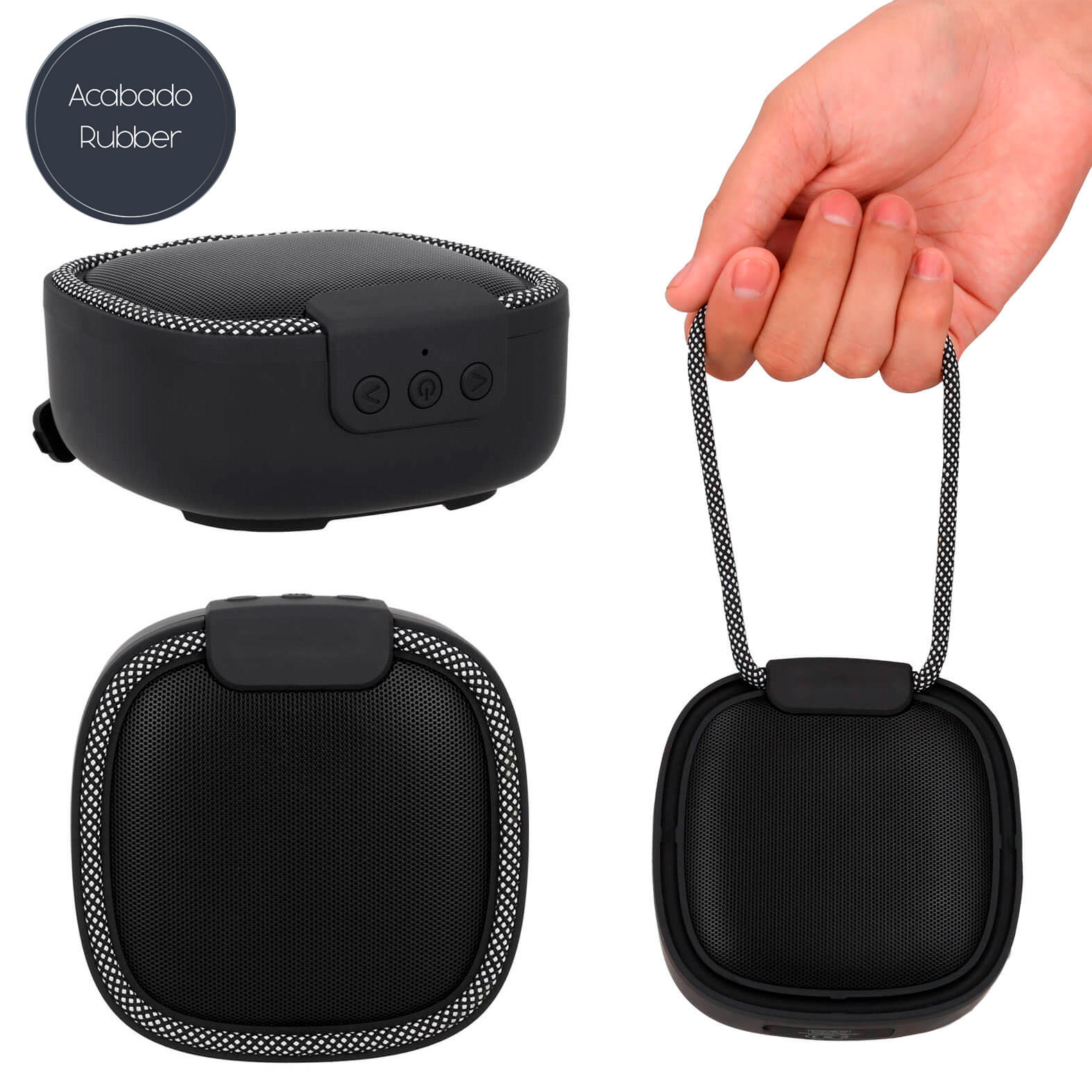 Bocina bluetooth portátil acabado rubber con radio FM, correa sujetadora y cable de carga tipo C. NEGRO