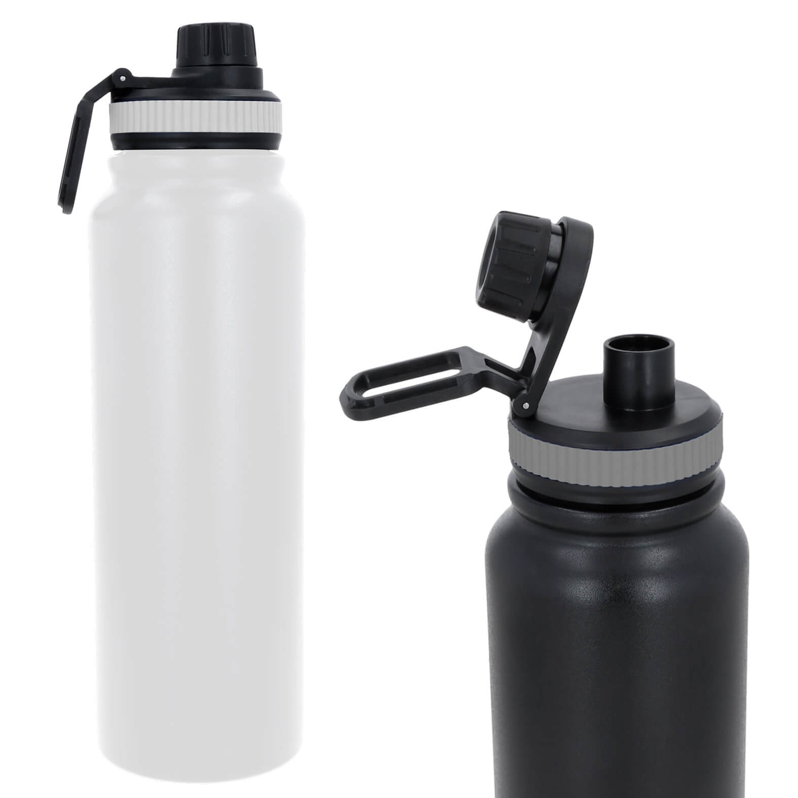 Termo de acero inoxidable de doble pared insulado al vacío con acabado rugoso. Cuenta con una tapa de rosca con asa para sujetarlo fácilmente. BLANCO