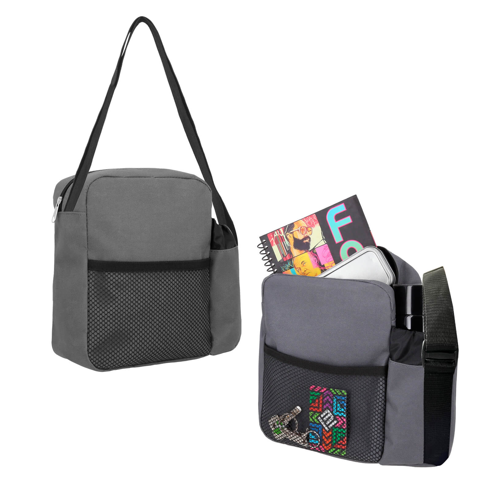 Bolsa de hombro con 1 compartimento principal, 1 compartimento frontal de malla, 1 compartimento lateral y correa ajustable con broche de seguridad. GRIS