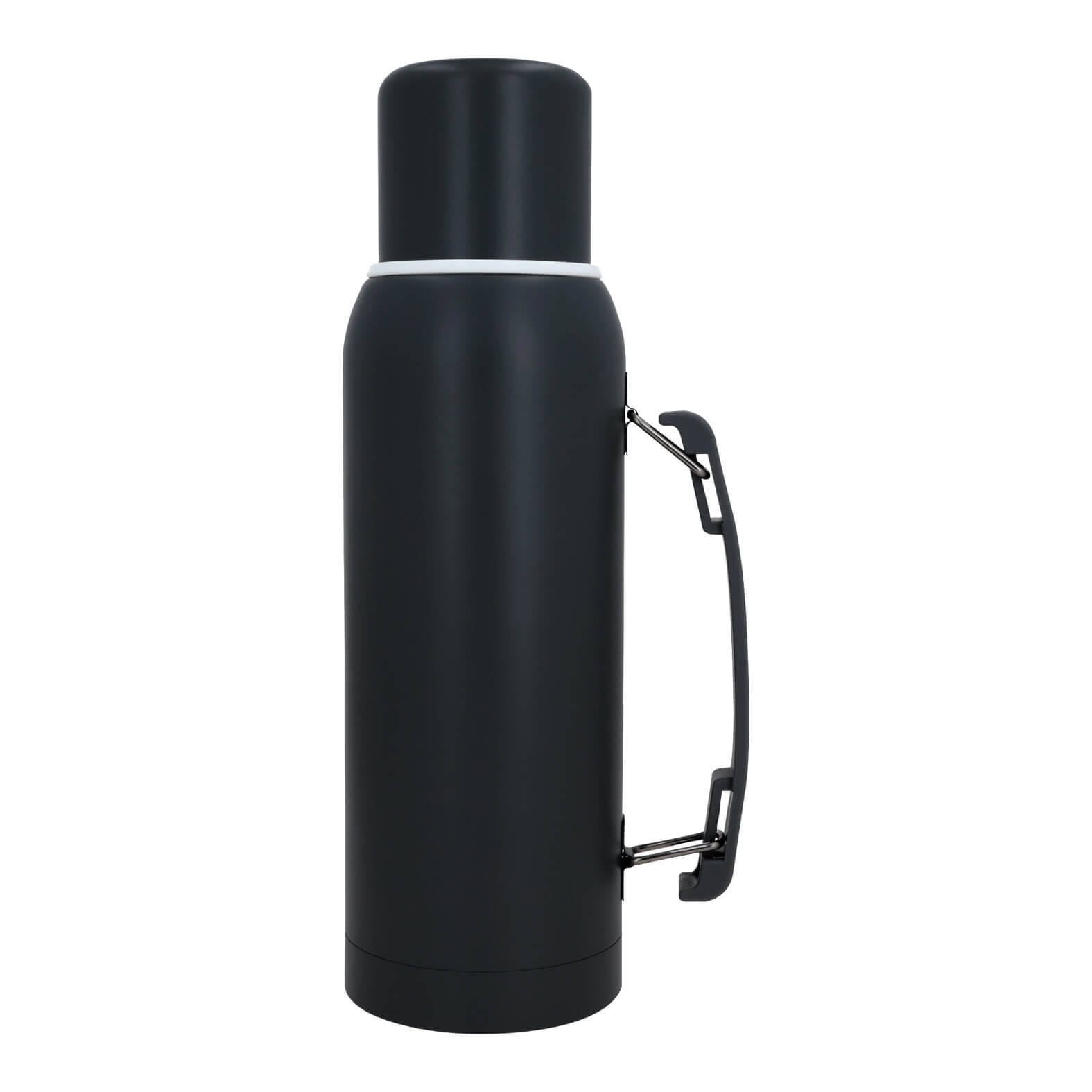 Termo con doble pared de acero inoxidable, insulado al vacío, acabado rugoso, con filtro dosificador, tapa que se utiliza como vaso y asa. NEGRO