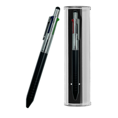 Bolígrafo metálico con mecanismo retráctil de 4 tintas (Negro, rojo, azul, gris) y goma óptica touch screen. Incluye estuche. NEGRO