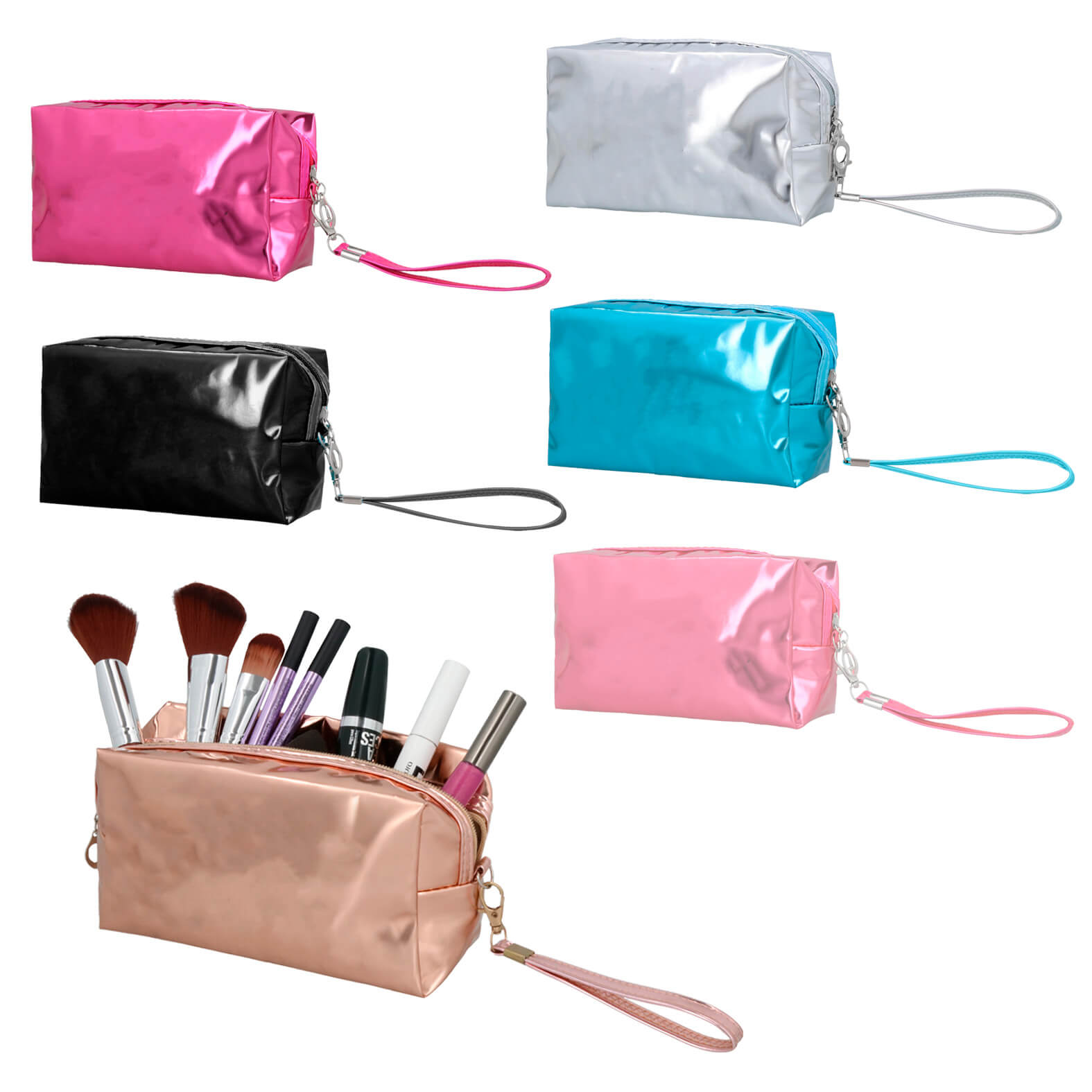 Cosmetiquera de PVC con acabado metálico, cierre, correa intercambiable y fuelle. AZUL