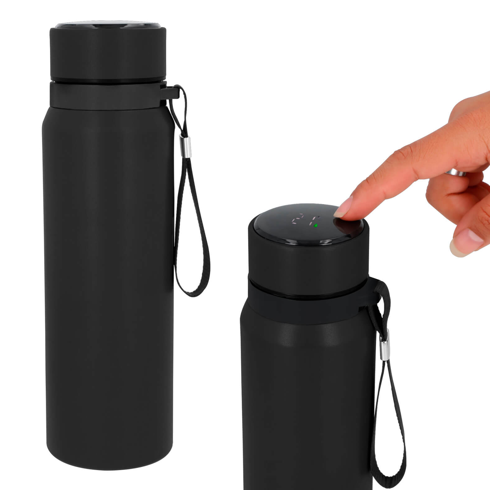 Termo con doble pared de acero inoxidable, acabado rugoso, tapa enroscable y asa. NEGRO