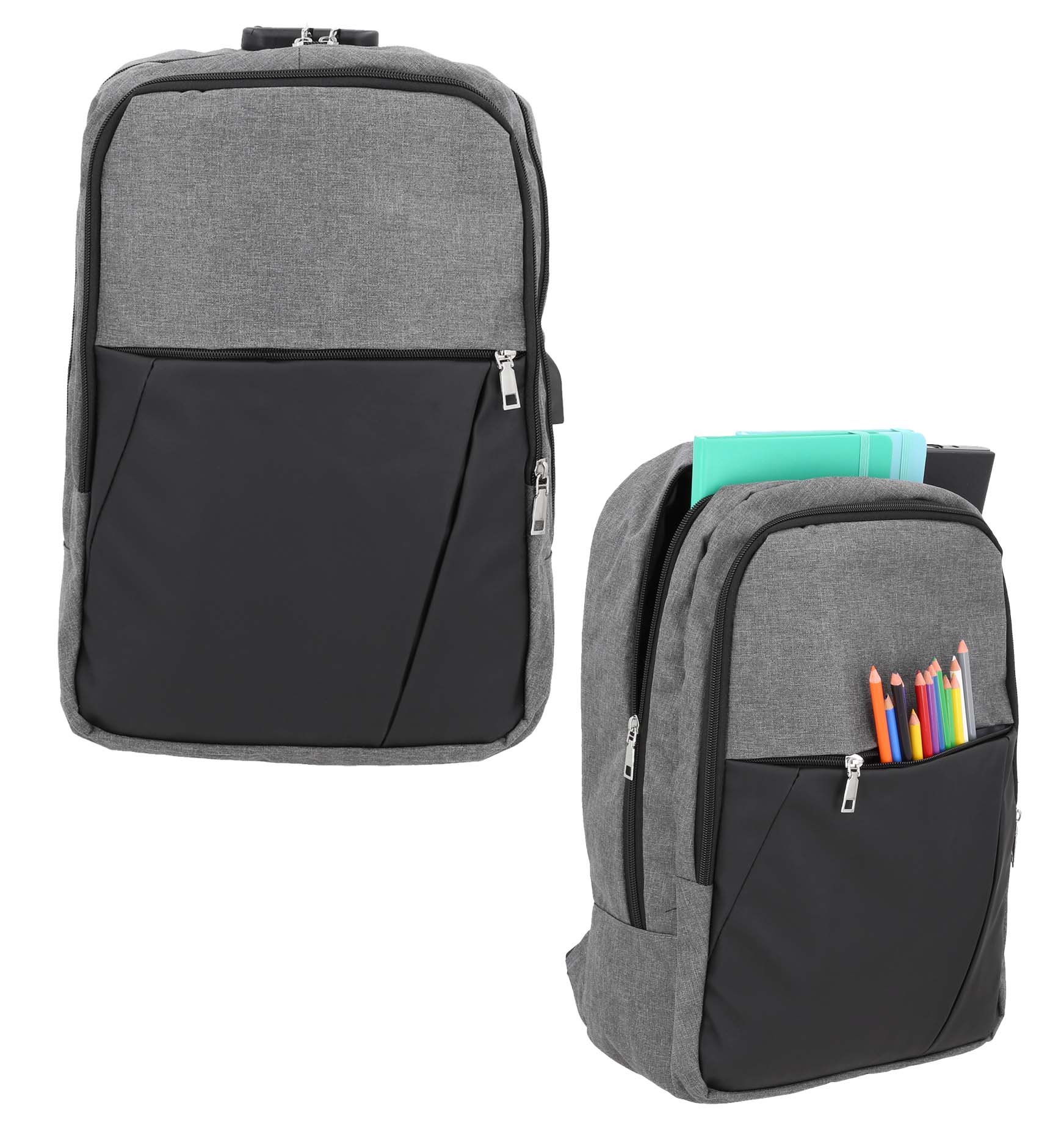 Mochila con compartiento principal con porta laptop de 17", 2 compartimentos frontales, asa, respaldo acolchado y candado de seguridad. OXFORD