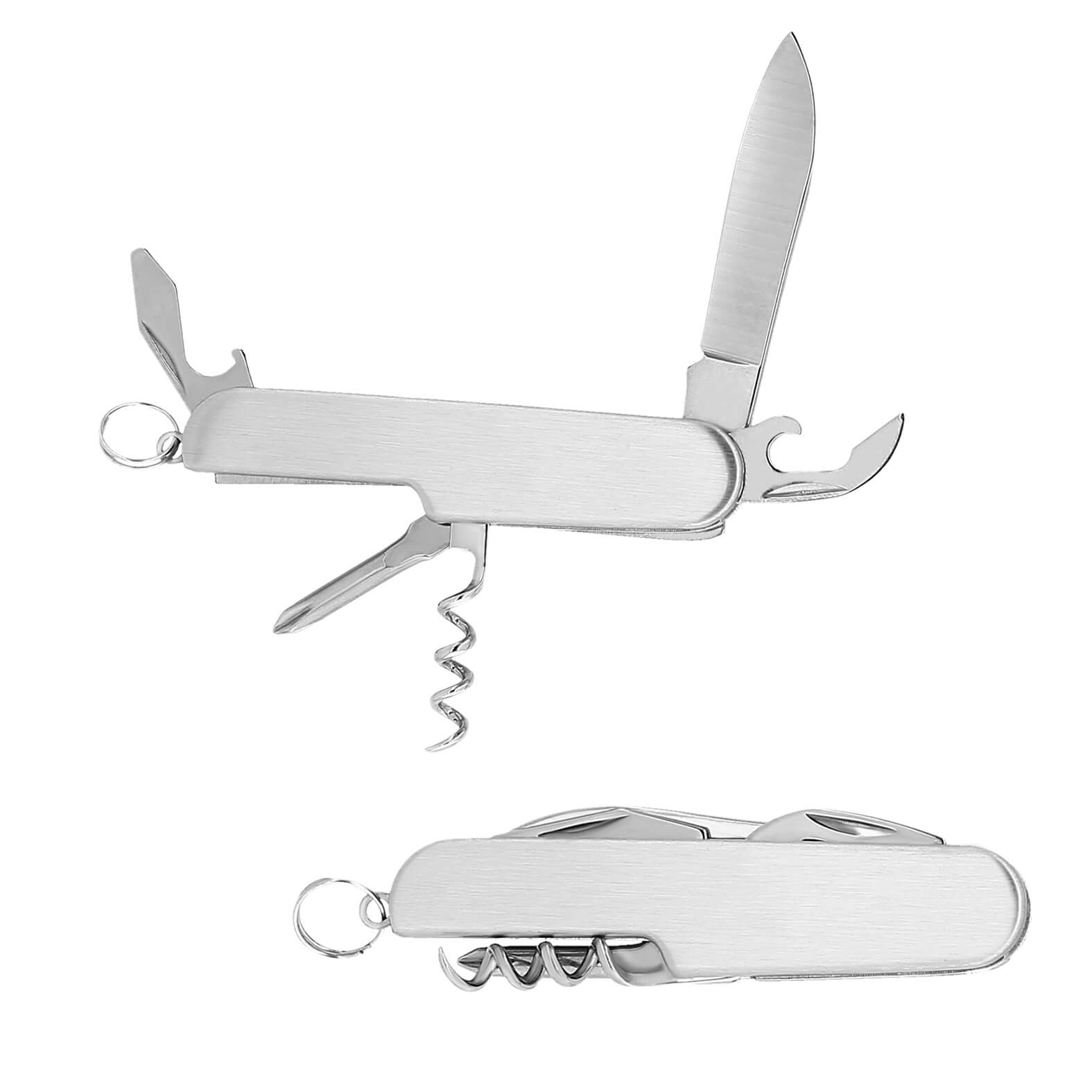 Mini navaja metálica multiusos con 6 funciones que contiene: 2 destapadores, 1 con punta plana, navaja, sacacorchos, desarmador de cruz y arillo para usar como llavero. PLATA
