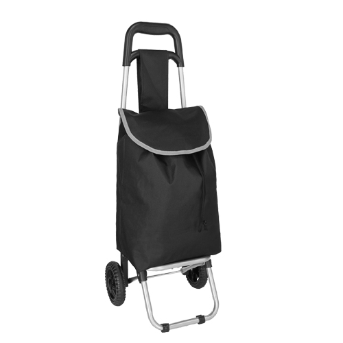 Carrito portátil para supermercado, de metal, con 2 ruedas, agarradera de plástico y bolsa de poliéster desmontable, con correa ajustable. NEGRO