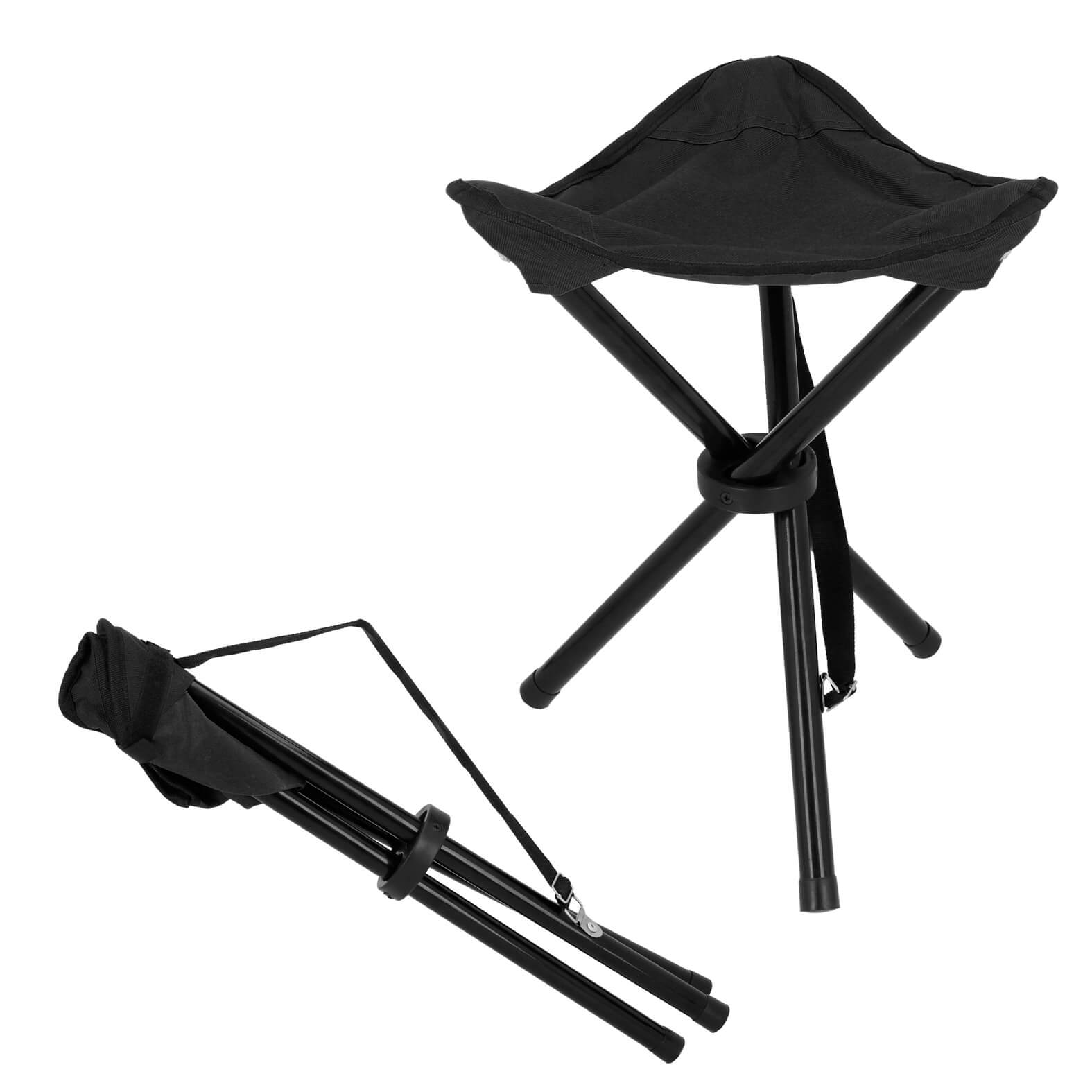 Banco tripie plegable con cinturón de velcro y correa ajustable. NEGRO