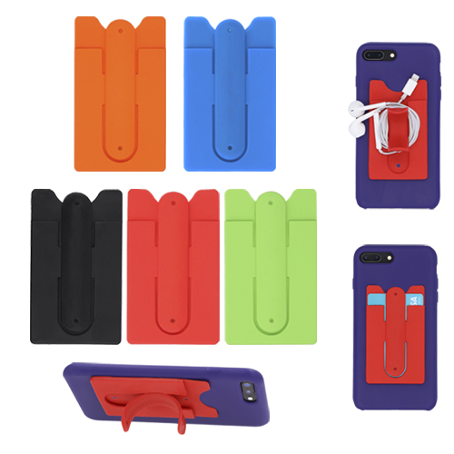 Porta tarjetero de silicón con clip retráctil que sirve como soporte para el celular y enrollar auriculares. AZUL