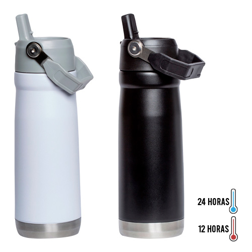Termo de acero inoxidable, insulado al vacío, su tapa enroscable cuenta con boquilla abatible, popote y asa en la parte superior. BLANCO