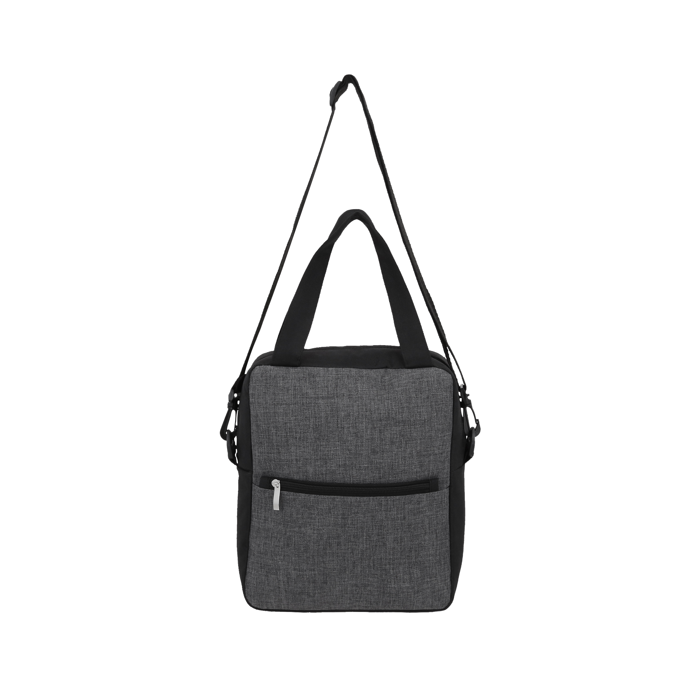 Lonchera con interior plastificado, bolsa frontal con cierre, asas y correa ajustable. GRIS