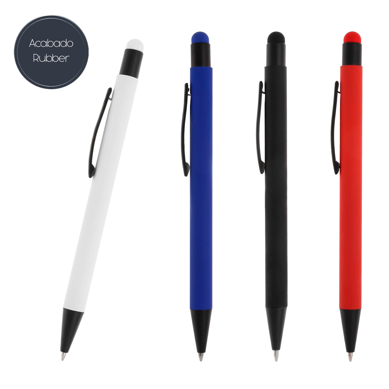 Bolígrafo metálico con acabado rubber, mecanismo retráctil y goma touch screen. AZUL