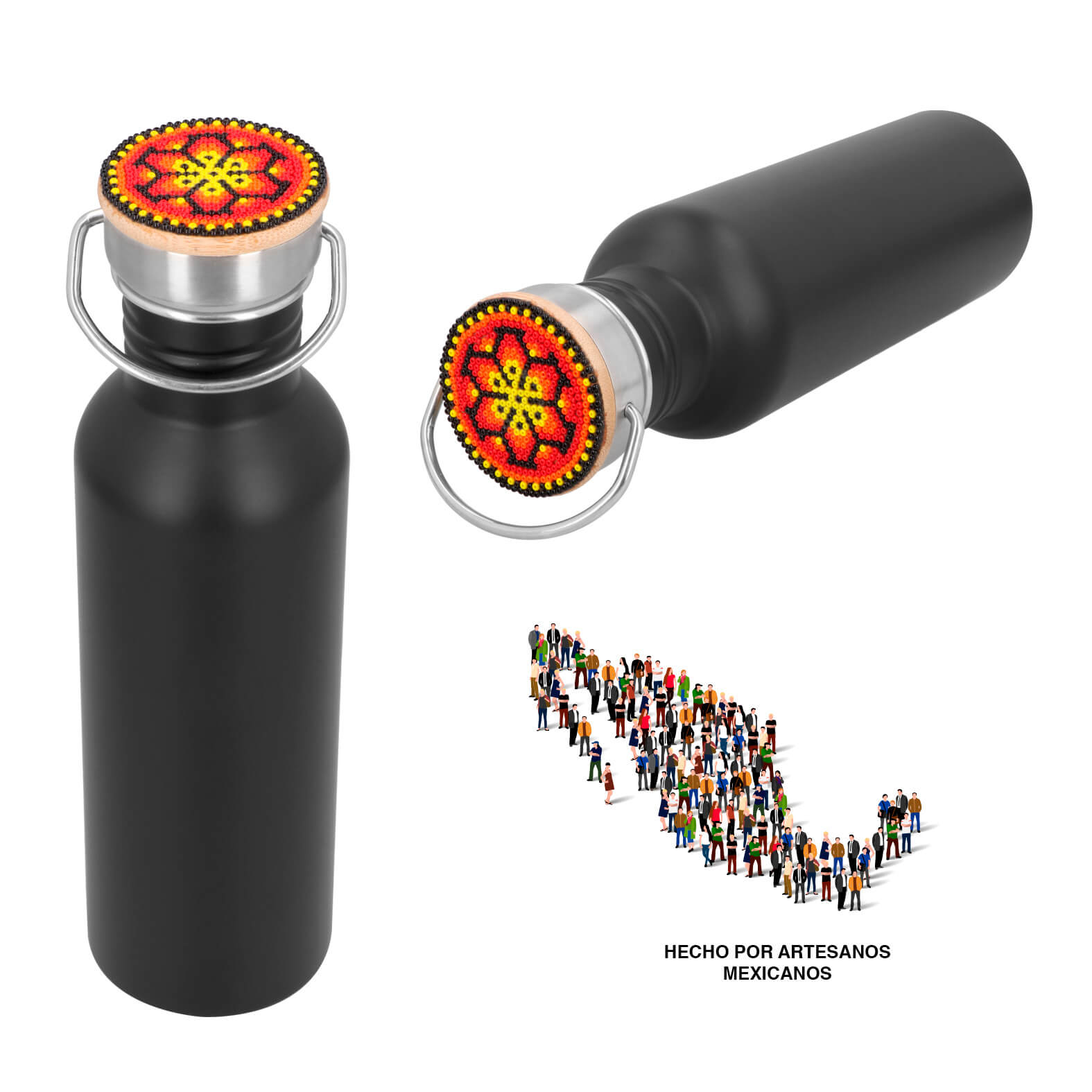 Cilindro de acero inoxidable con detalle de bambú en tapa. EDICIÓN HUICHOL. NEGRO