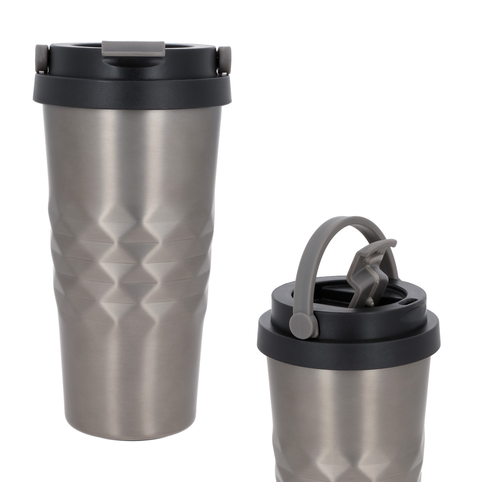 Termo con doble pared de acero inoxidable, tapa enroscable con boquilla de cierre a presión y asa. Cap. 530 ml. GRIS