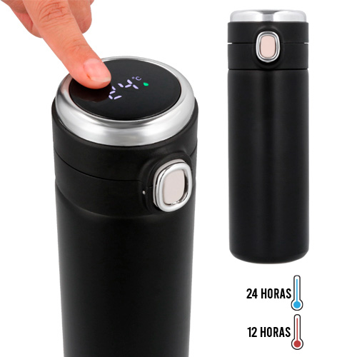 Termo de acero inoxidable y doble pared insulado al vacío, cuenta con tapa de seguridad y termómetro digital que mide la temperatura de tu bebida. NEGRO