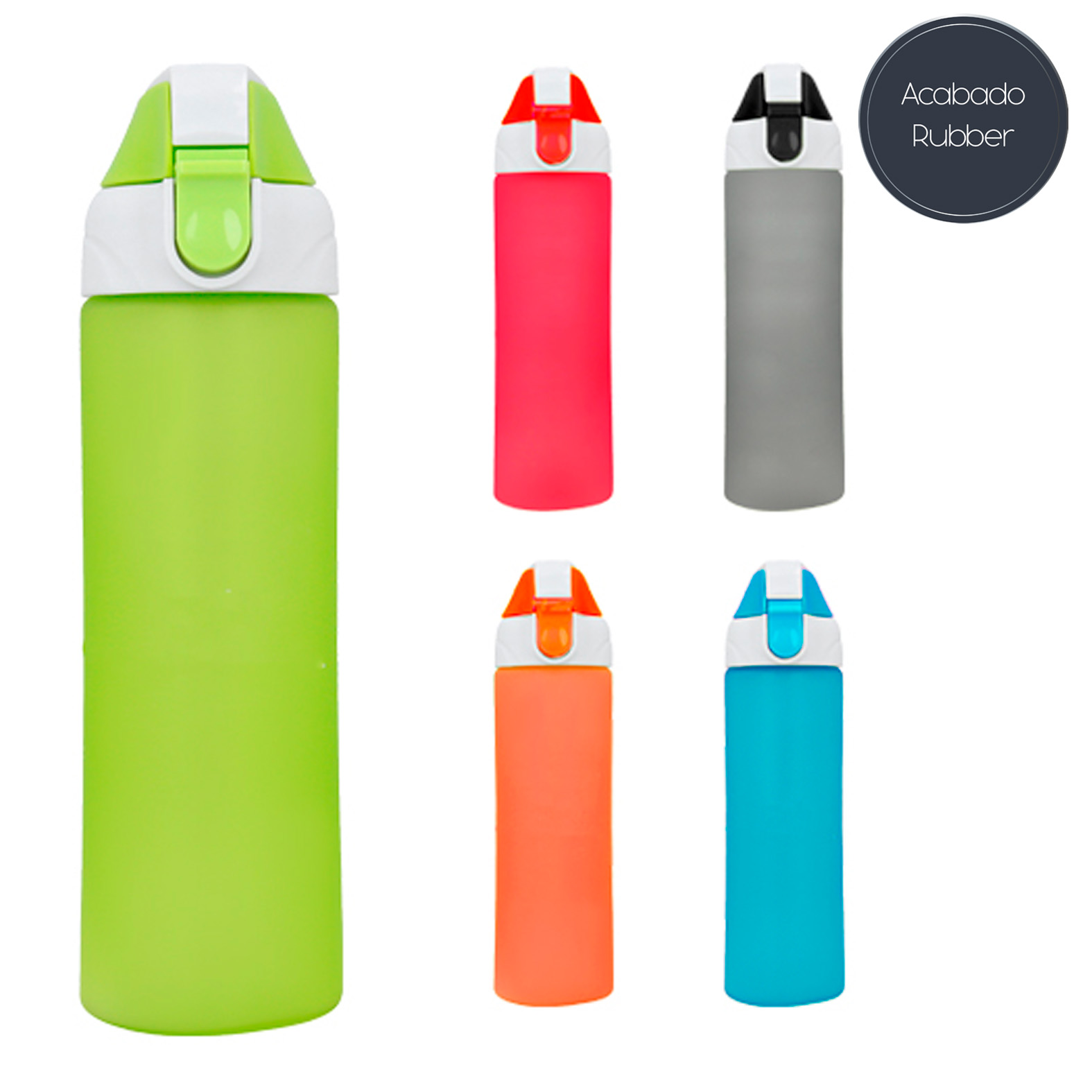 Cilindro de plástico rubber, con colador, tapa de seguridad y cinta de poliéster para una mejor sujeción. AZUL