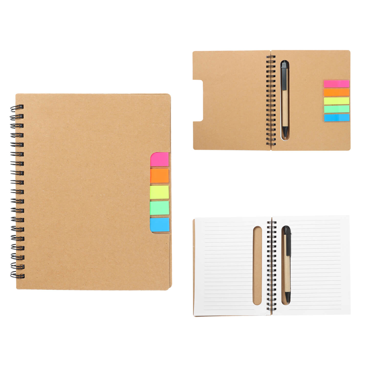 Libreta ecológica con espiral, 5 tiras de banderas adheribles, bolígrafo y 70 hojas de raya. CARTON