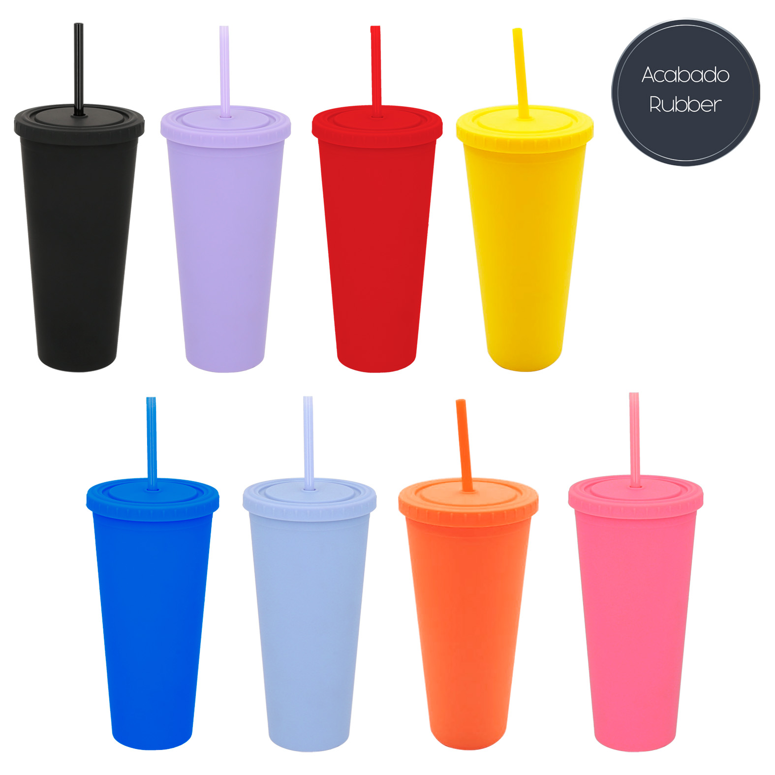 Termo de plástico con doble pared, tapa enroscable y acabado rubber, incluye popote de plástico. AMARILLO