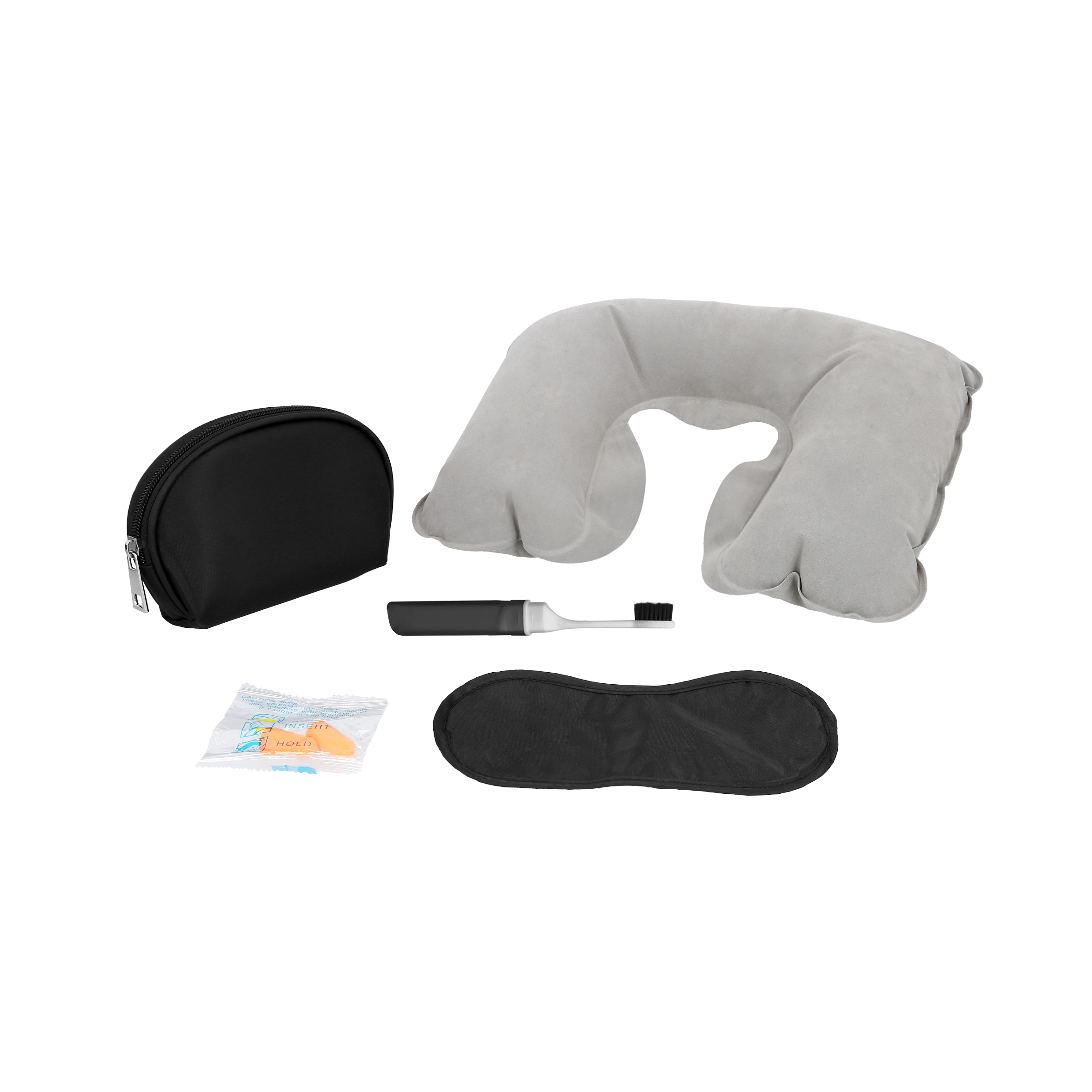 Set de viaje. Contiene almohada inflable, antifaz, par de tapones para oídos y cepillo dental para viaje. Incluye estuche con cierre. NEGRO