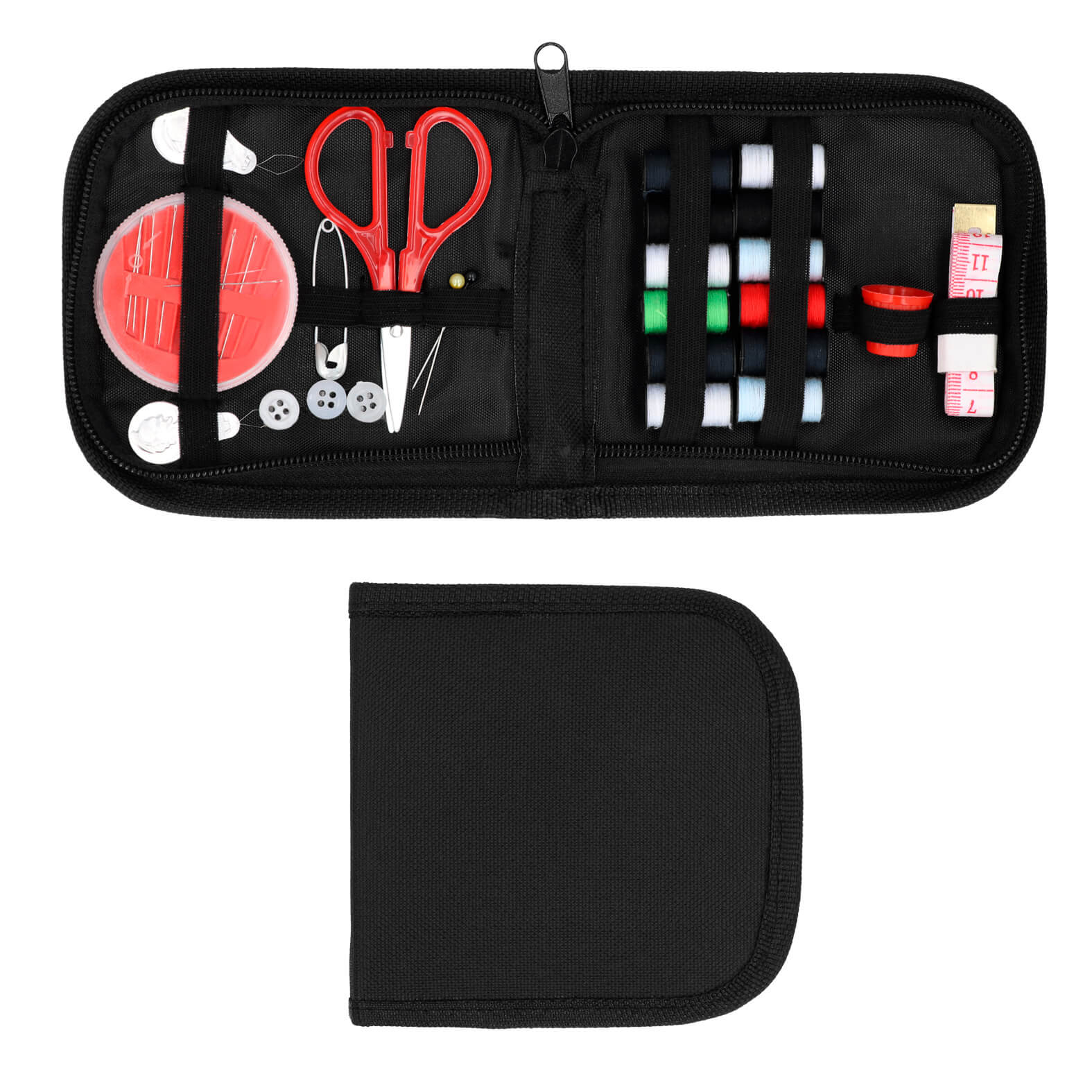 Set de costura de poliéster con cierre que incluye: 2 ensartadores de hilo, estuche con 10 agujas, 3 botones, 1 seguro, tijeras, 2 alfileres, 12 carretes de hilo de colores, dedal y cinta métrica. UNICO
