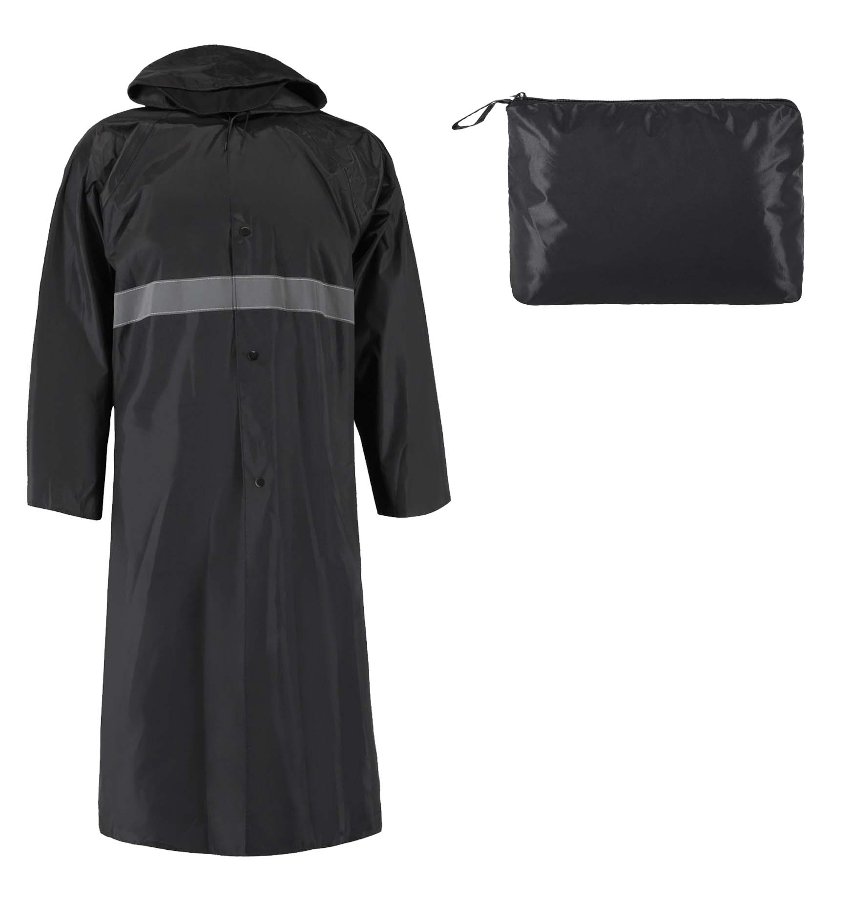 Impermeable de botones, capucha y reflejante. Incluye estuche con cierre y asa. (Espesor de 0.22 mm.) NEGRO