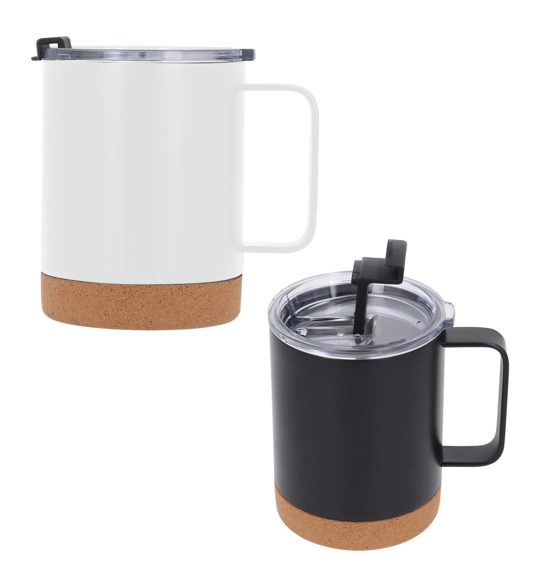 Taza con doble pared de acero inoxidable, base de corcho y tapa de cierre a presión. BLANCO