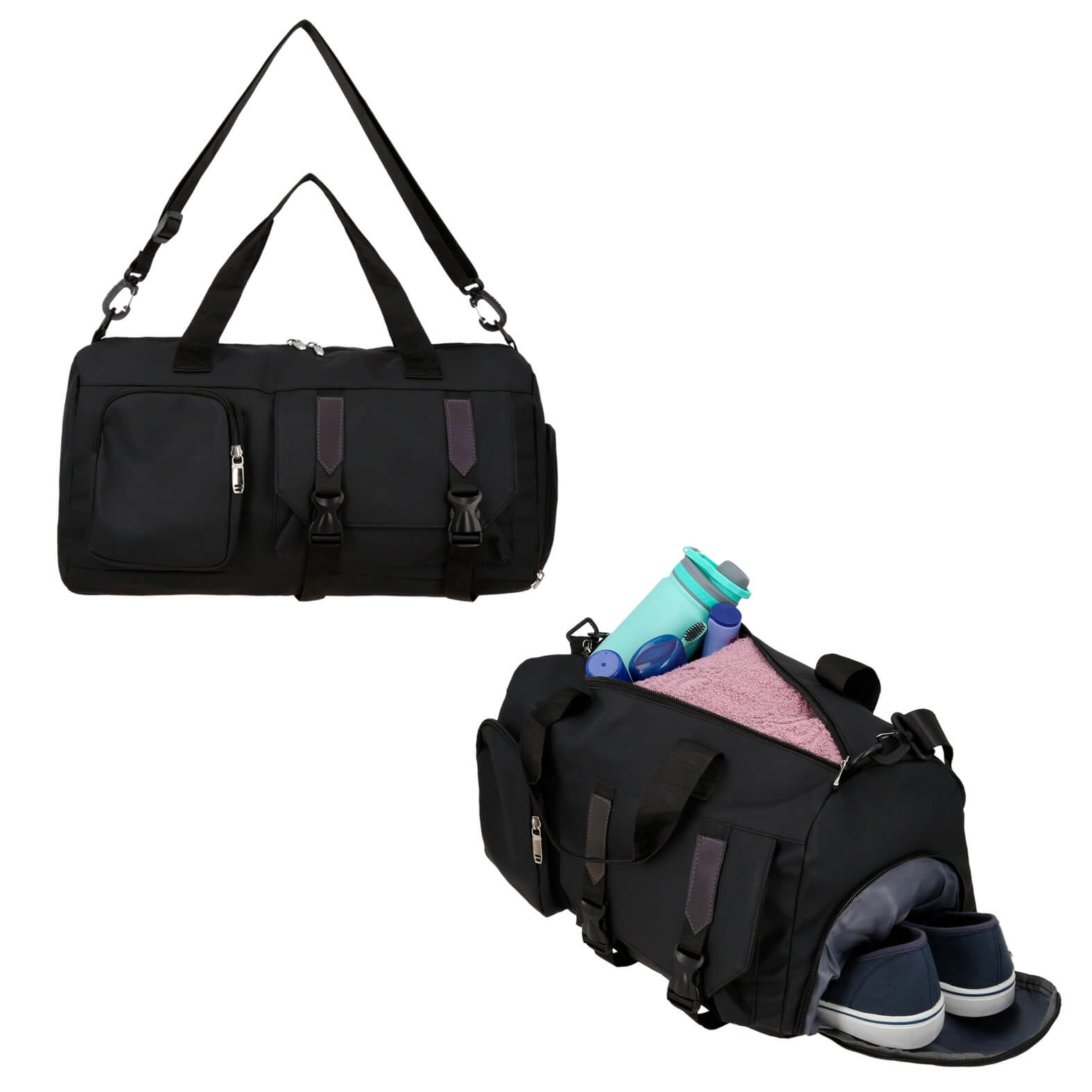 Maleta de 1 compartimento principal con 2 bolsas internas, 1 bolsa con cierre frontal, 1 bolsa frontal con doble broche, zapatera, carry on, asa superior y correa ajustable. NEGRO