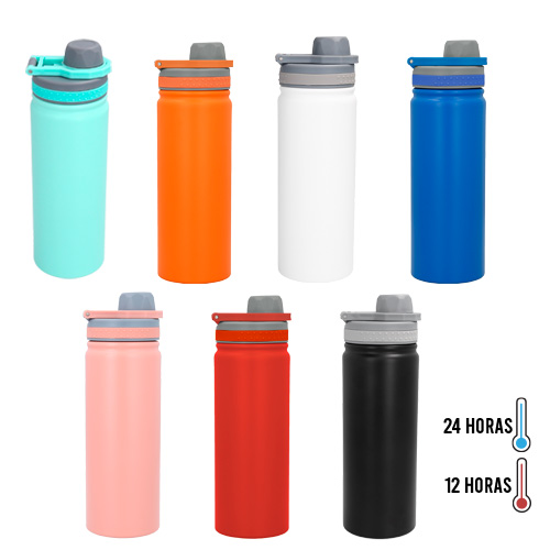 Termo de acero inoxidable de doble pared insulado al vacío con acabado rugoso. Cuenta con una tapa de rosca con asa para sujetarlo fácilmente. AZUL