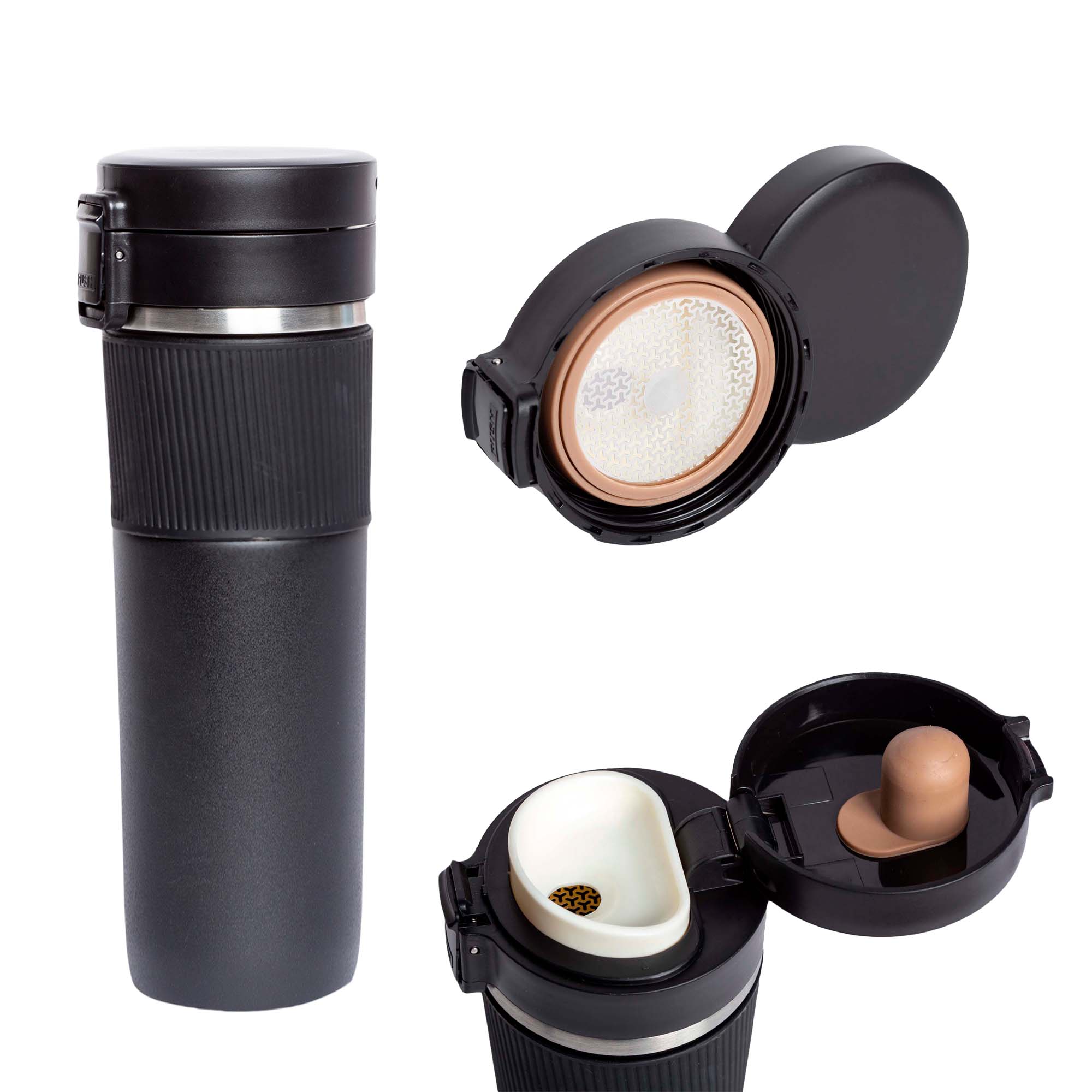 Termo de acero inoxidable, insulado al vacío, con tapa enroscable, botón con candado de seguridad y cintillo de silicón. NEGRO