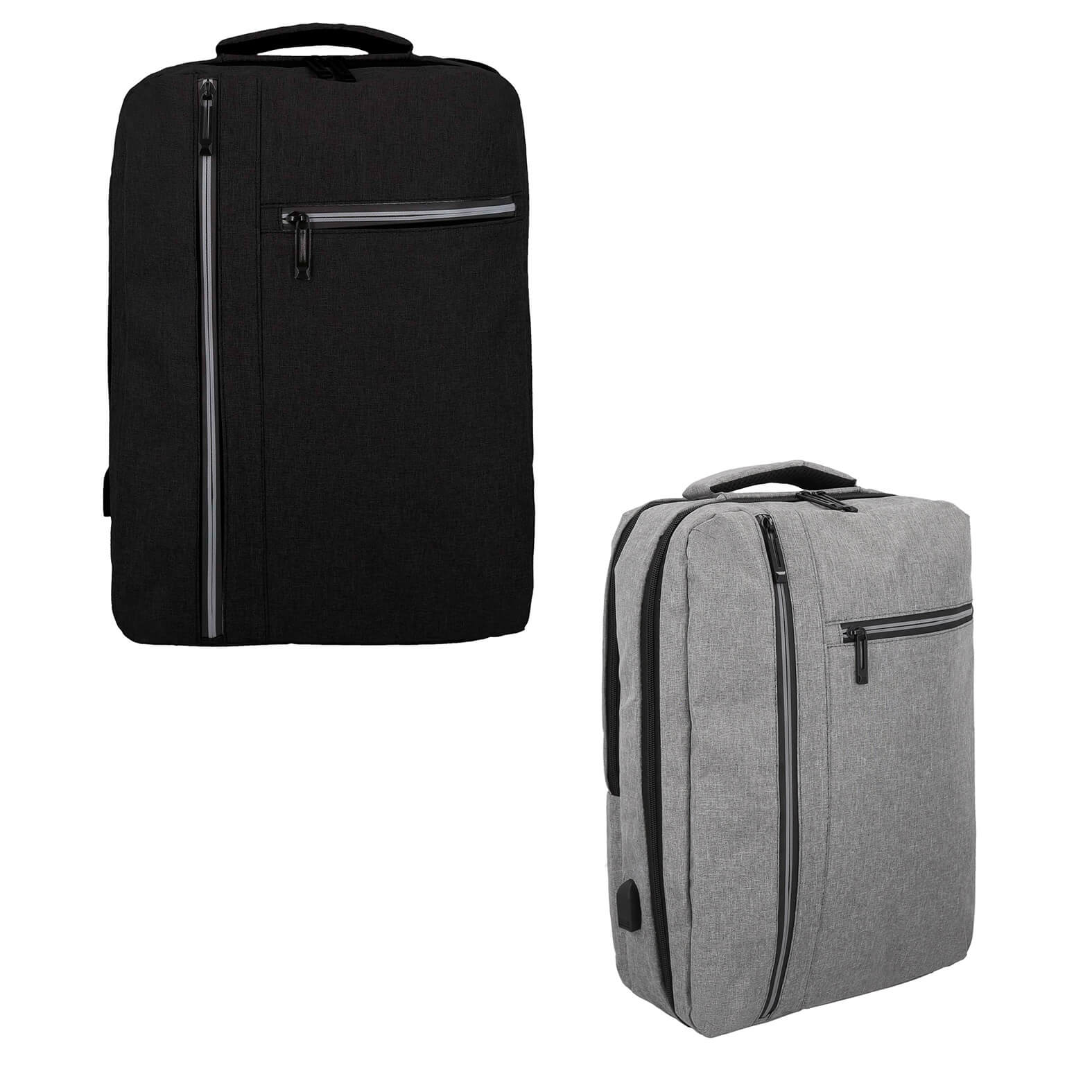 Mochila funcional con compartimento de seguridad, porta laptop de 17", compartimento secundario con resortes para ropa, malla, cierre interior, 2 bolsas frontales y puerto para carga USB. GRIS