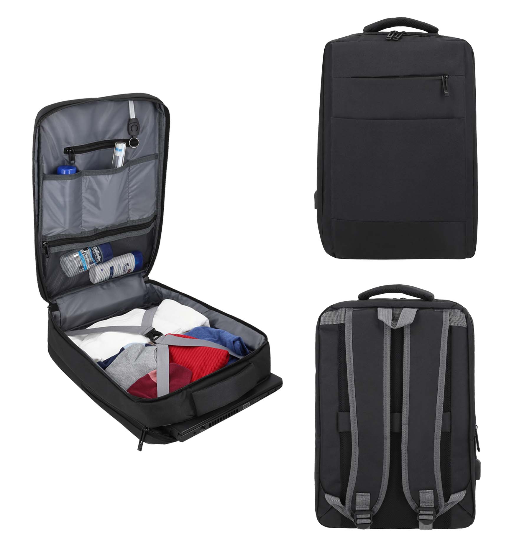 Mochila con abertura 360, 1 compartimento principal con resortes, bolsa frontal, organizador interno y porta llaves. Incluye bolsa de seguridad con porta laptop de 16" y asa. NEGRO