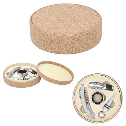 Set de vino con estuche de corcho que incluye: sacacorcho, boquilla, corcho metálico y corta gotas. CORCHO