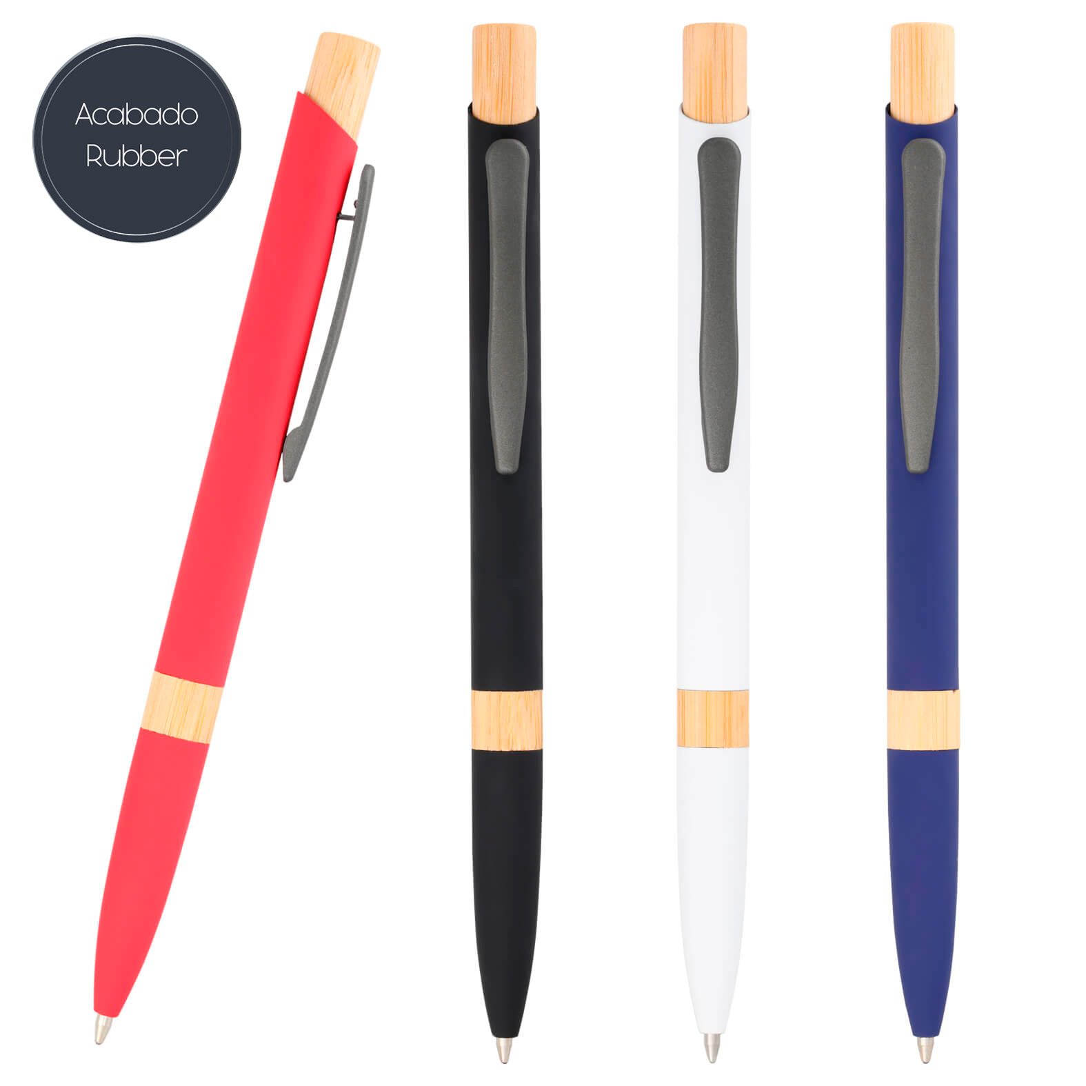 Bolígrafo metálico con acabado rubber, detalle en bambú, clip y mecanismo de click. AZUL