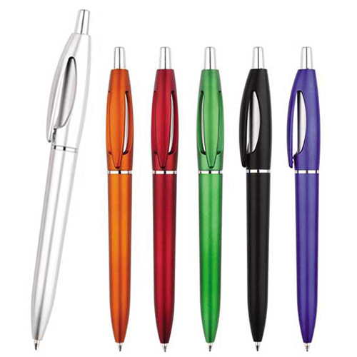 Bolígrafo de plástico con apariencia metálica. AZUL