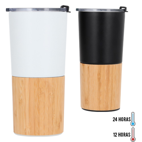 Termo con acabado rugoso insulado al vacío, con detalle en bambú, doble pared de acero inoxidable y tapa de cierre a presión. BLANCO