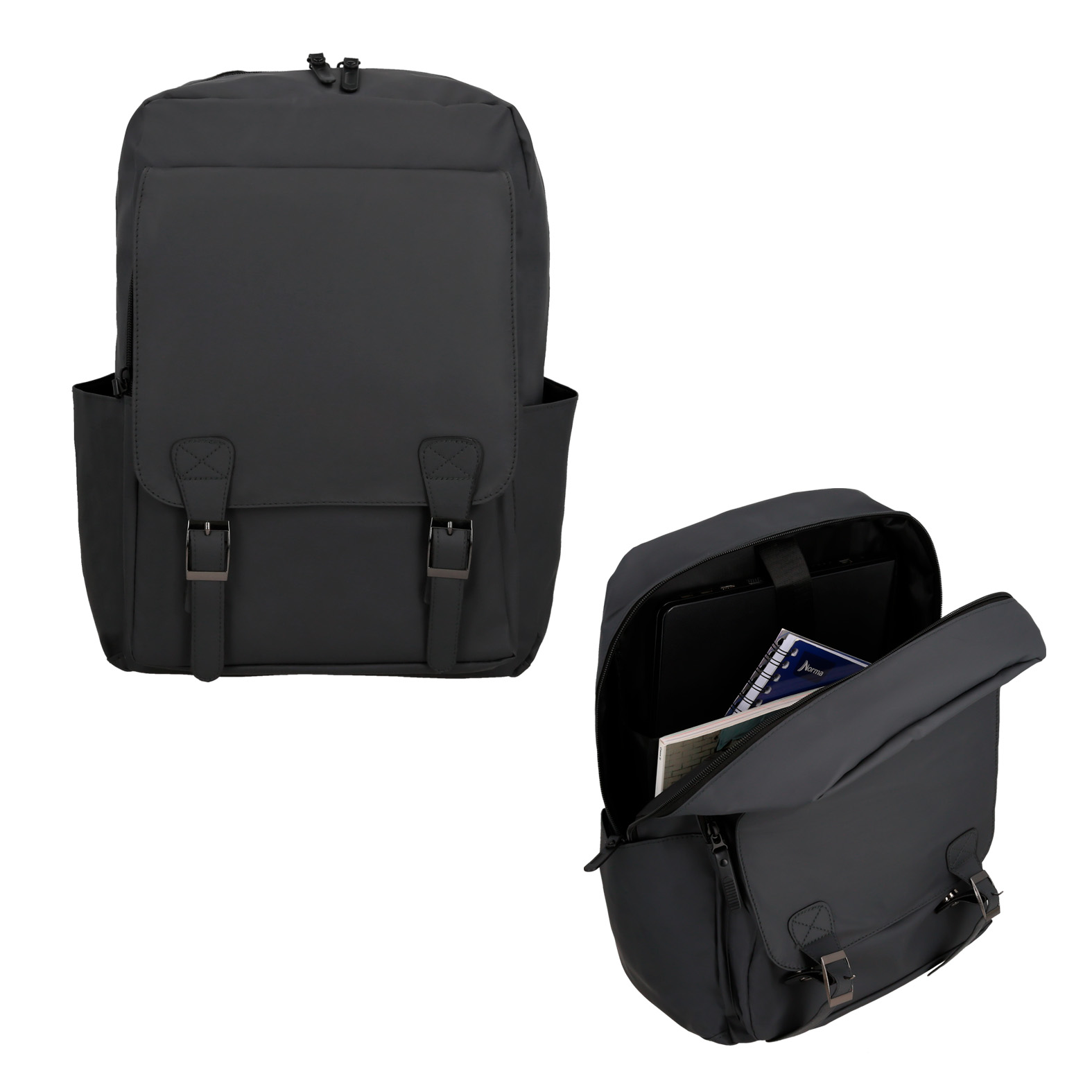 Mochila de 1 compartimento principal con porta laptop, 1 compartimento frontal con cierre y broches magnéticos, además de bolsas laterales, asas acolchadas, carry on y asa superior. OXFORD