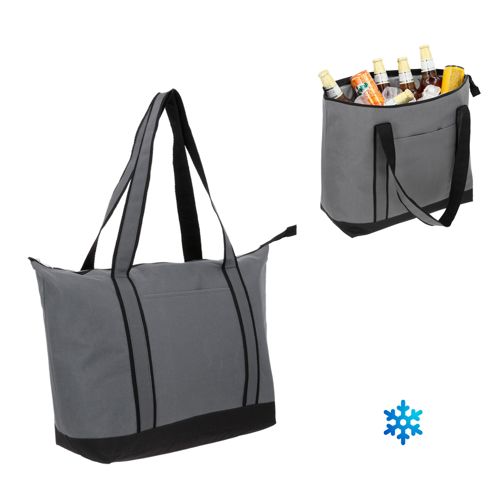 Hielera rectangular con 2 compartimentos, asas superiores, interior impermeable plastificado y cierre. GRIS