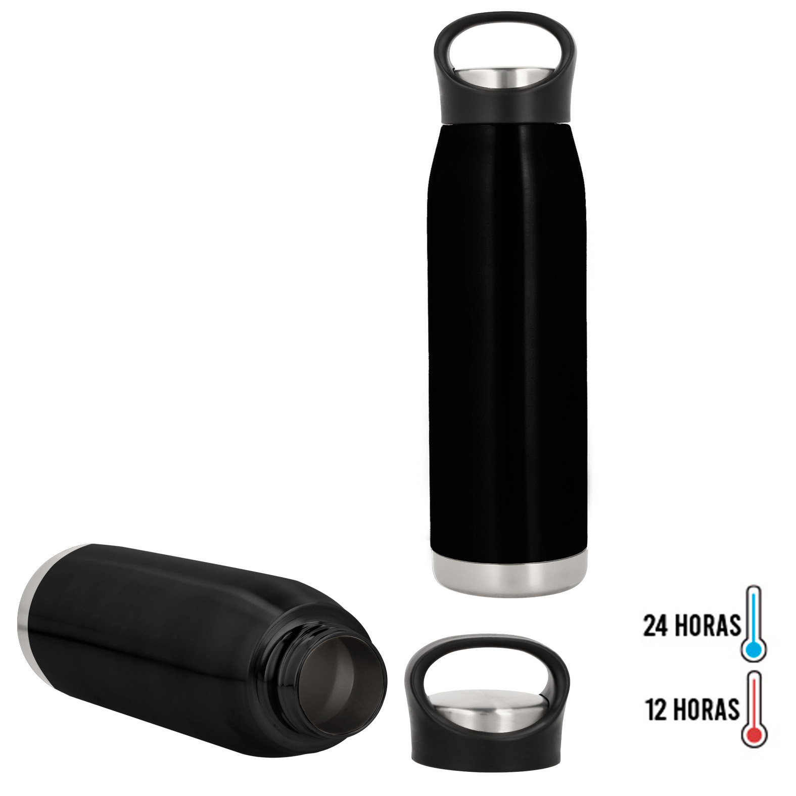 Termo de acero inoxidable con doble pared insulado al vacío con agarradera en la tapa. NEGRO