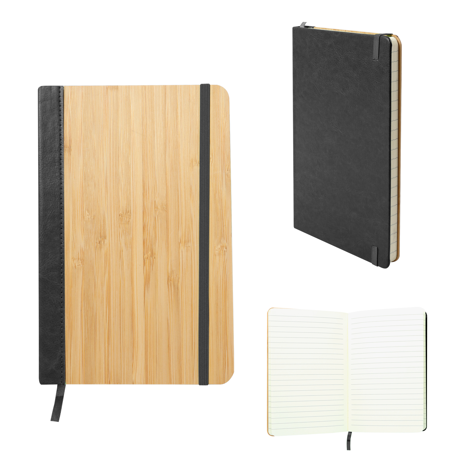 Libreta de bambú con banda elástica, separador y 96 hojas de raya. NEGRO