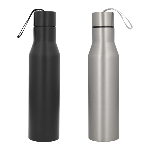 Cilindro de acero inoxidable, con tapa enroscable y correa de poliéster. NEGRO