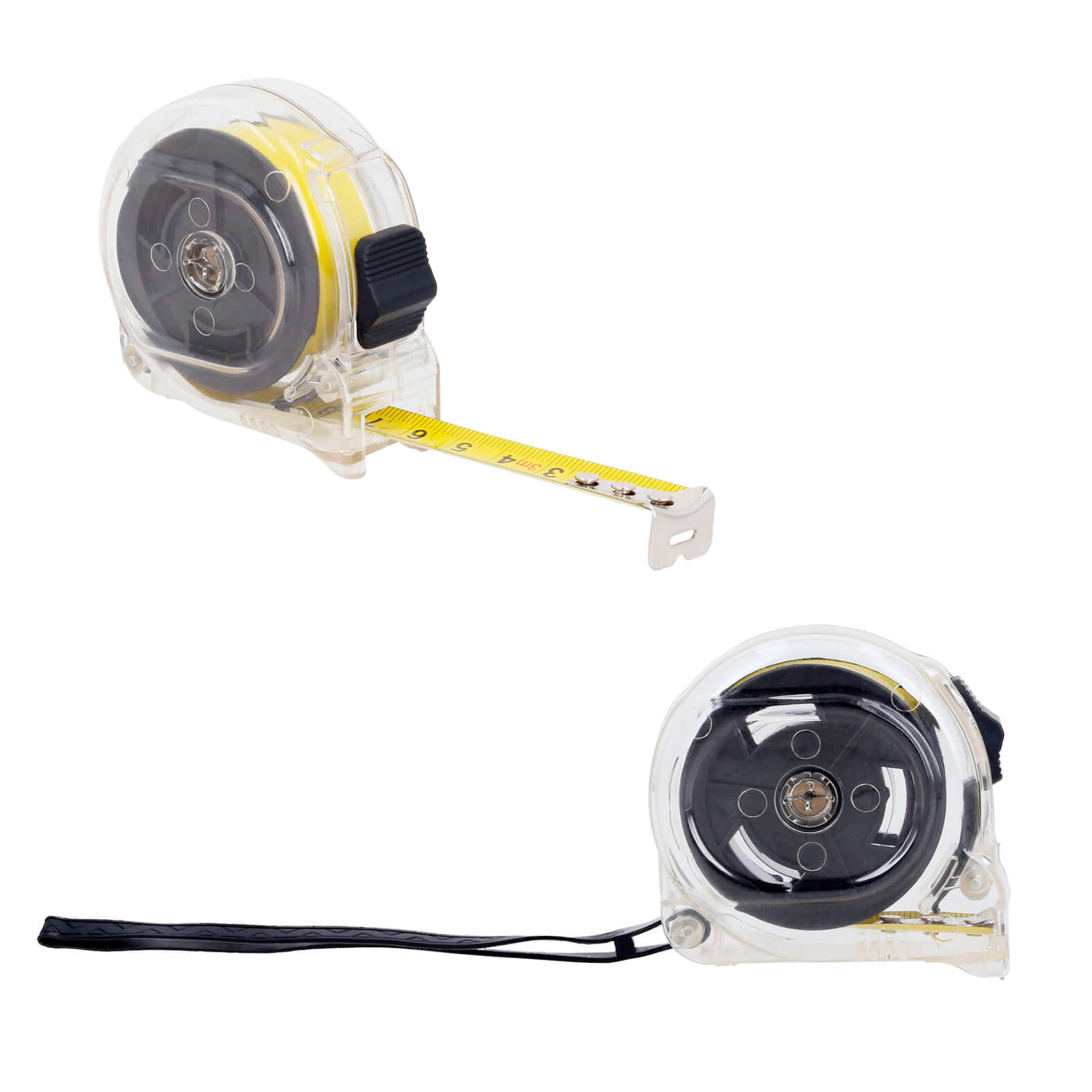 Flexómetro con cinta metálica de 3 m. Incluye correa y seguro. NEGRO