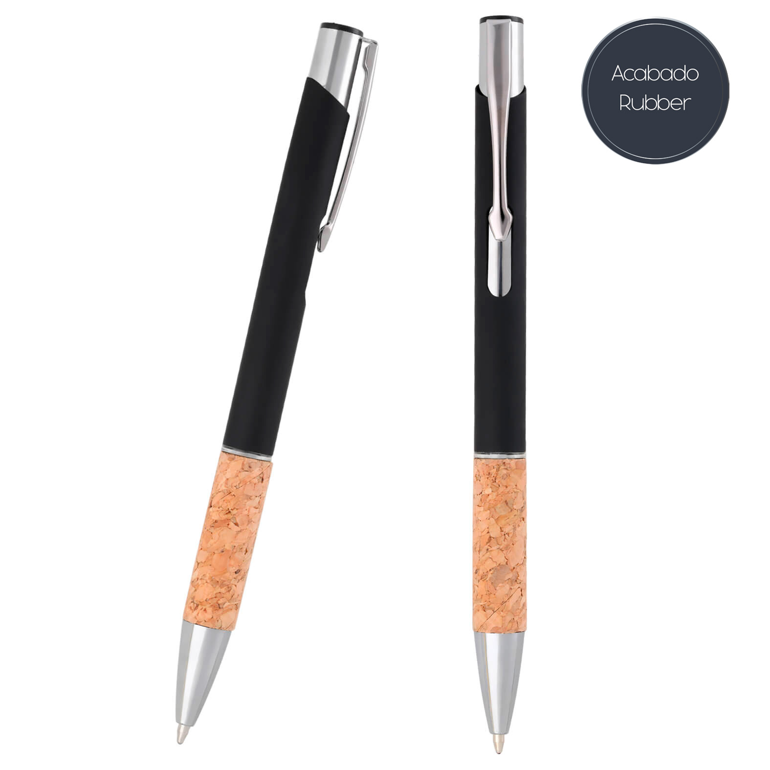 Bolígrafo con acabado rubber, grip de corcho y mecanismo de click. NEGRO
