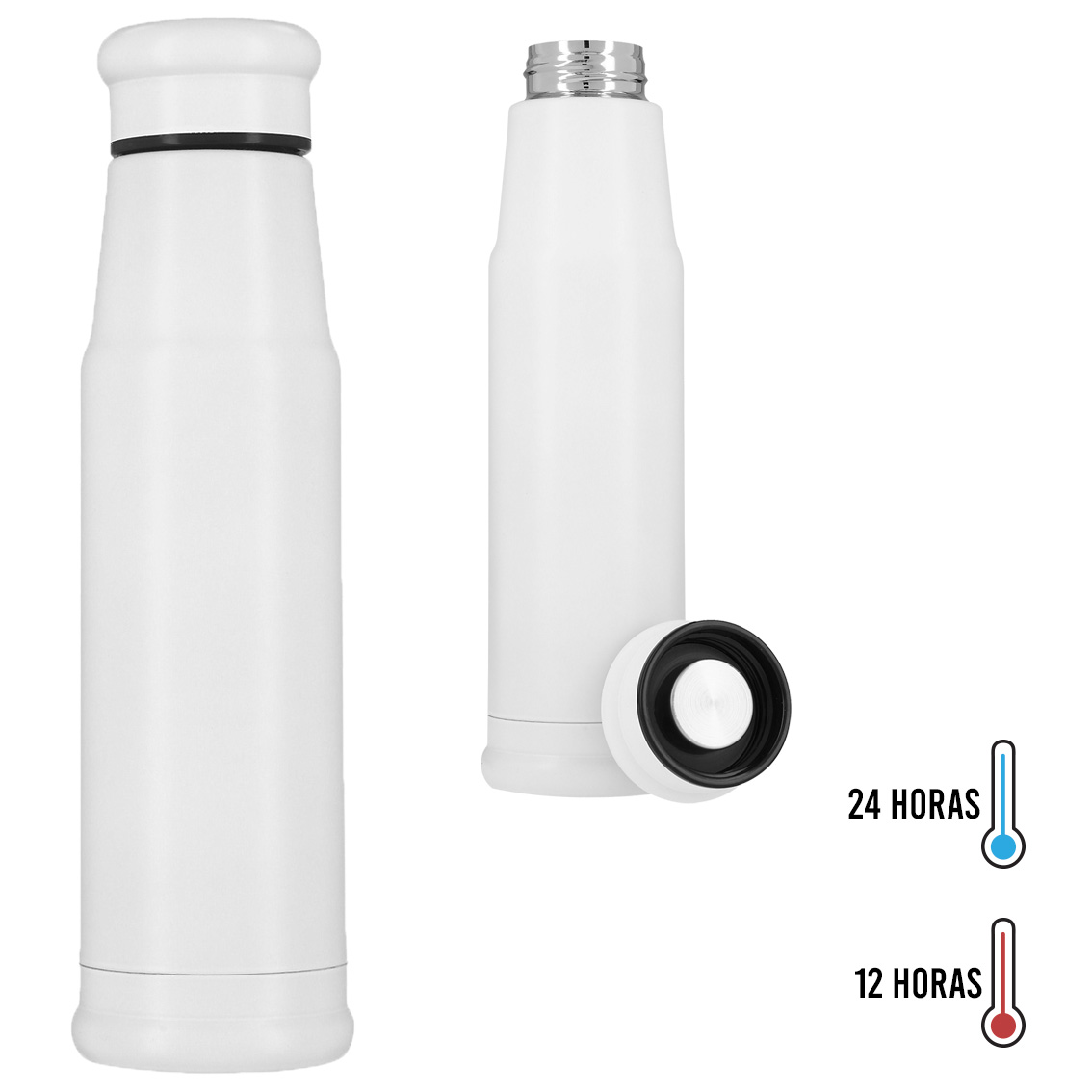Botella térmica con doble pared de acero inoxidable que mantiene tus bebidas calientes y frías por más tiempo. Incluye tapa enroscable. BLANCO