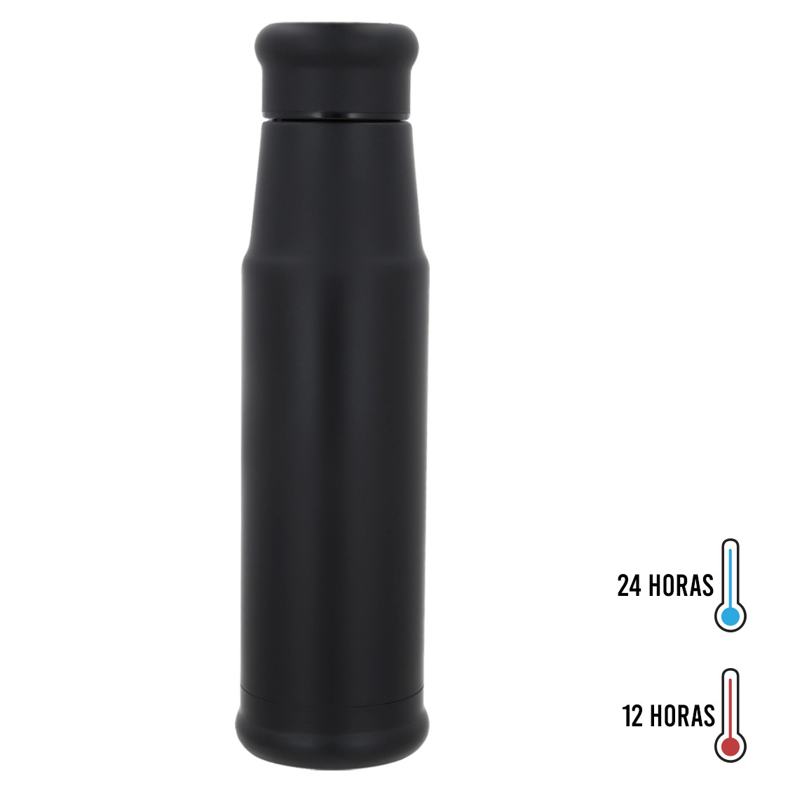Botella térmica con doble pared de acero inoxidable que mantiene tus bebidas calientes y frías por más tiempo. Incluye tapa enroscable. NEGRO