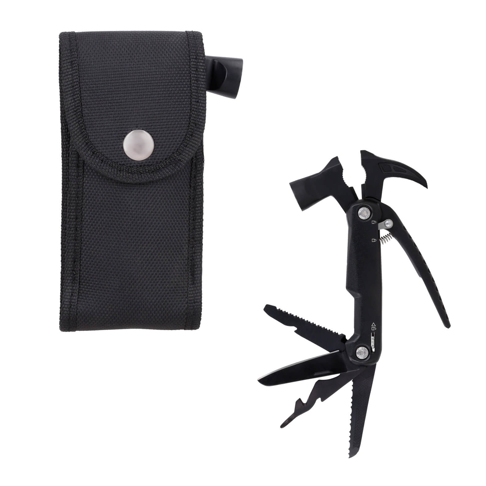 Martillo multiusos que contiene: pinzas, navaja, 2 sierras y 1 destapador con destornillador. Incluye funda. NEGRO